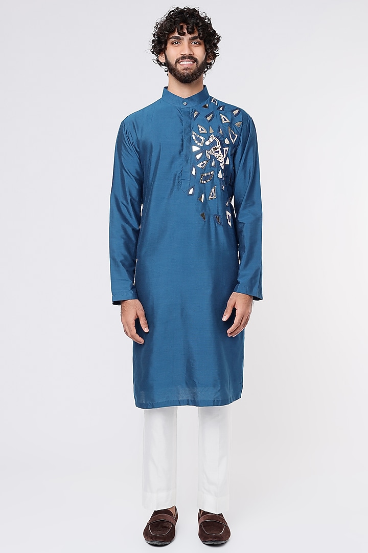 Indigo Cotton Silk Embroidered Kurta by DiyaRajvvir Men at Pernia's Pop Up Shop