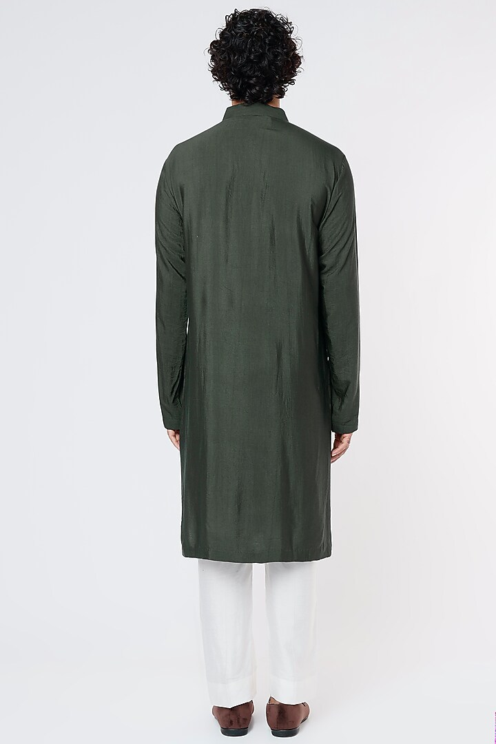 Olive Green Cotton Silk Acrylic Embroidered Kurta by DiyaRajvvir Men at Pernia's Pop Up Shop