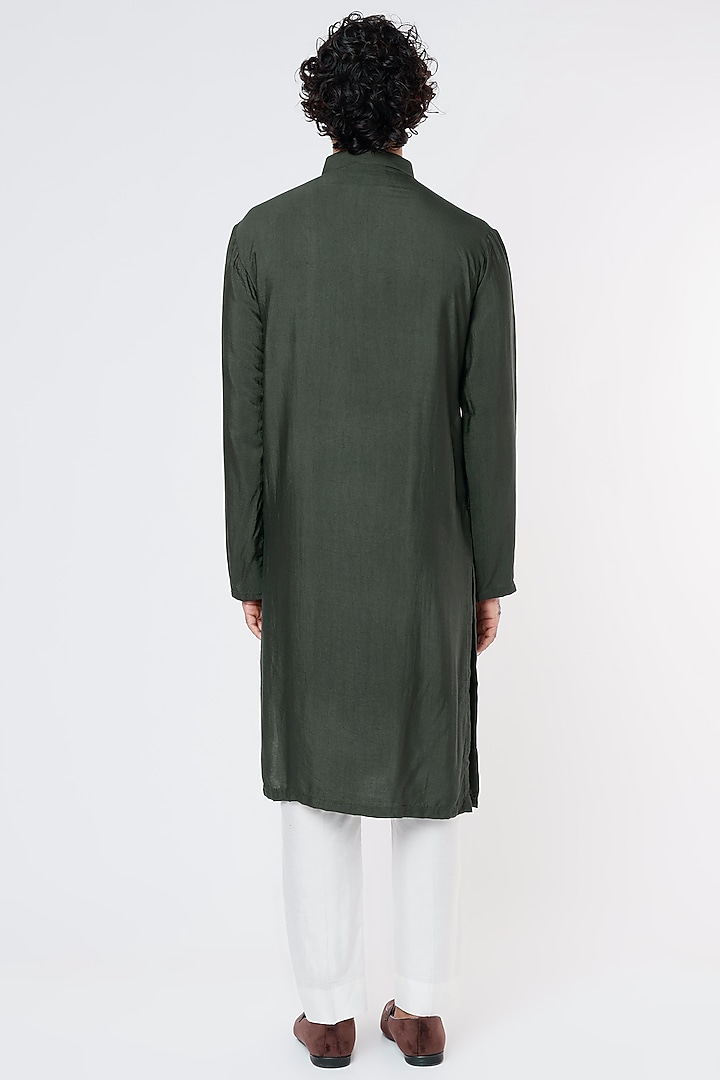 Olive Green Cotton Silk Embroidered Kurta by DiyaRajvvir Men at Pernia's Pop Up Shop