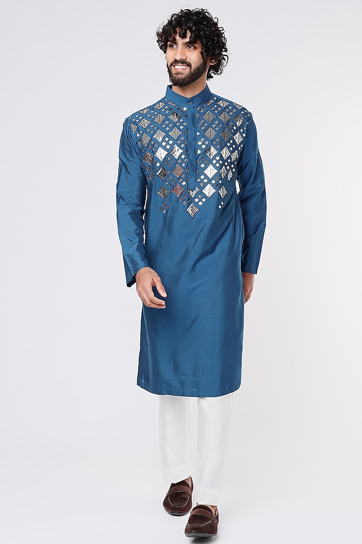 Indigo Blue Kurta In Cotton Silk by DiyaRajvvir Men