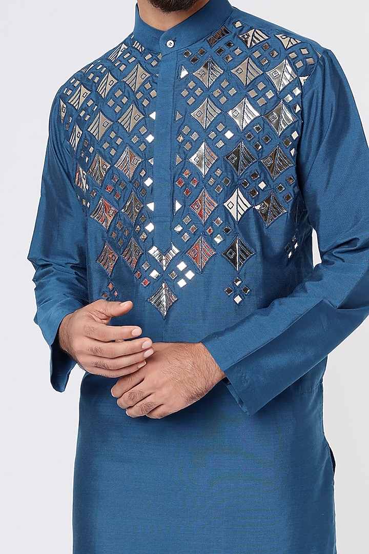 Indigo Blue Cotton Silk Acrylic Embroidered Kurta by DiyaRajvvir Men at Pernia's Pop Up Shop