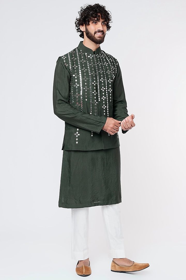 Olive Green Cotton Silk Kurta Set With Bundi Jacket by DiyaRajvvir Men