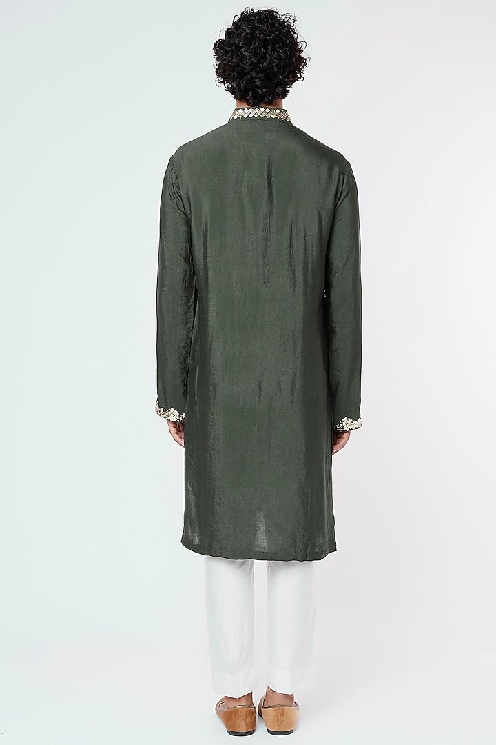 Olive Green Cotton Silk Sequins Embroidered Kurta by DiyaRajvvir Men at Pernia's Pop Up Shop