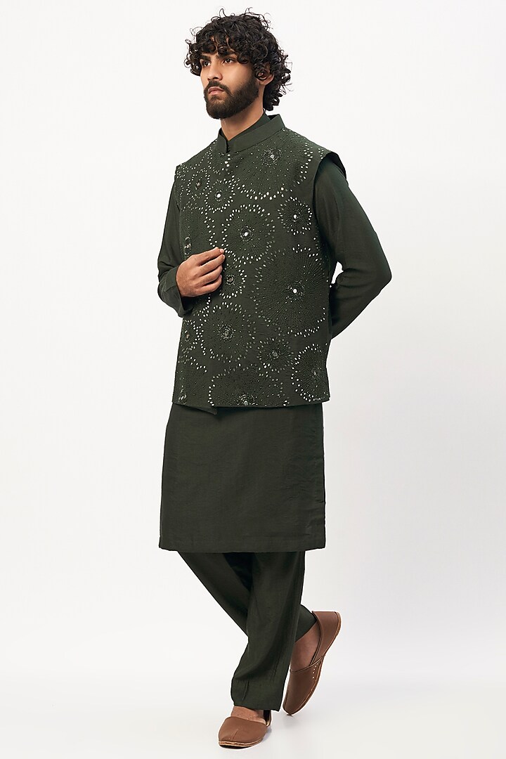 Green Embroidered Nehru Jacket Set by DiyaRajvvir Men