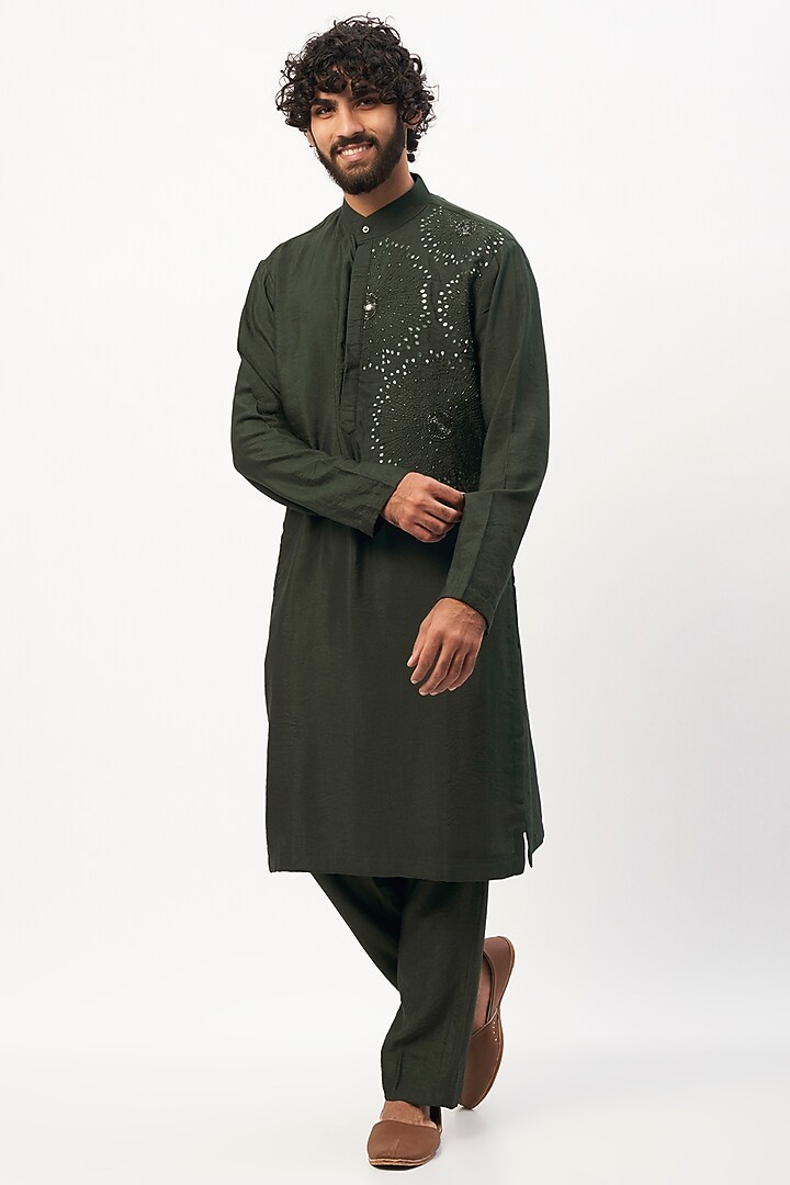 Green Cotton Silk Thread Embroidered Nehru Jacket Set by DiyaRajvvir Men at Pernia's Pop Up Shop