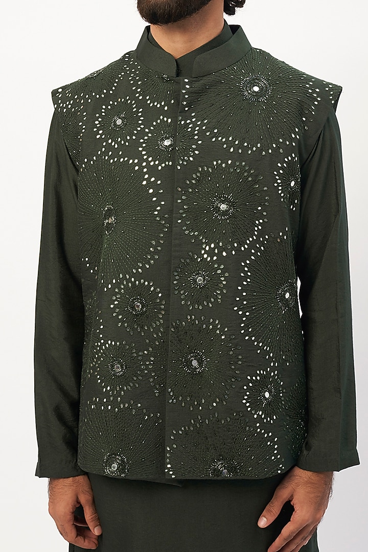 Green Cotton Silk Thread Embroidered Nehru Jacket Set by DiyaRajvvir Men at Pernia's Pop Up Shop
