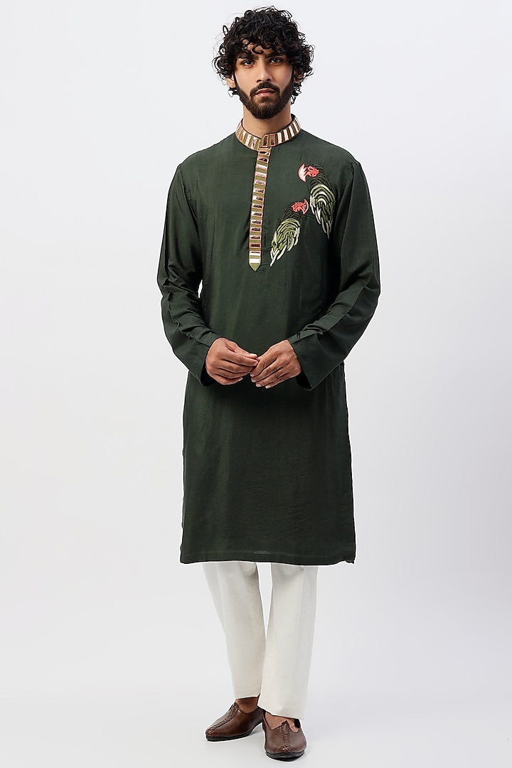 Olive Green Embroidered Kurta by DiyaRajvvir Men