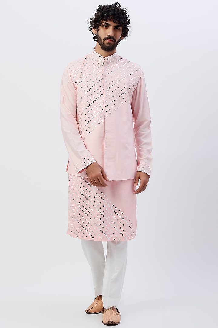 Pink Embroidered Nehru Jacket Set by DiyaRajvvir Men