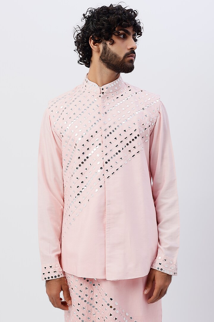 Pink Cotton Silk Nehru Set by DiyaRajvvir Men at Pernia's Pop Up Shop