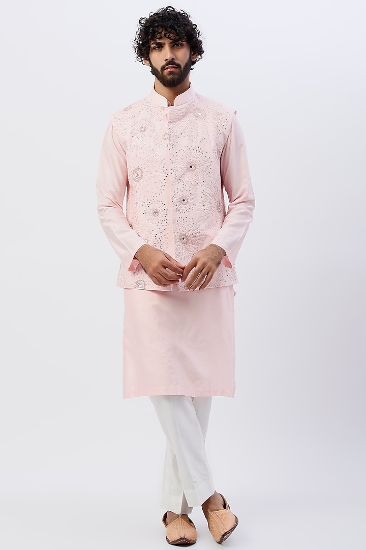 Pink Bundi Jacket With Embroidered Kurta Set by DiyaRajvvir Men