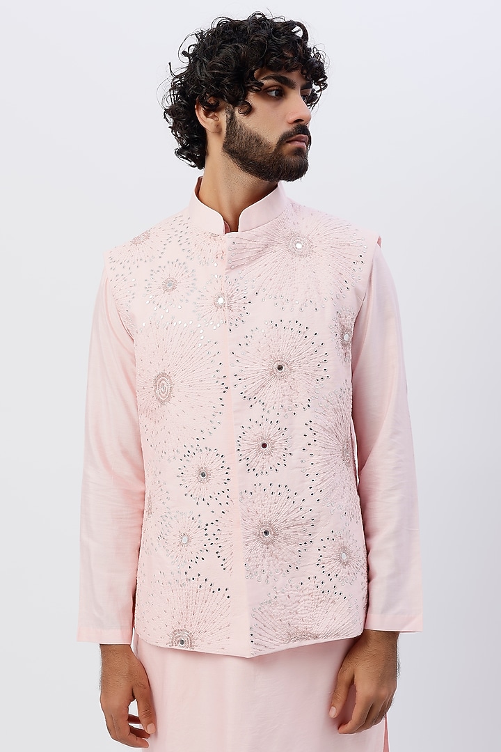 Pink Cotton Silk Embroidered Bundi Set by DiyaRajvvir Men at Pernia's Pop Up Shop
