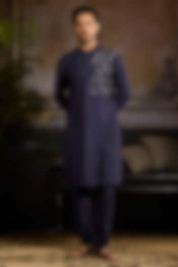 Dark Blue Cotton Silk Cutdana Embroidered Kurta Set by DiyaRajvvir Men