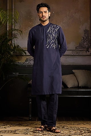Dark Blue Cotton Silk Cutdana Embroidered Kurta by DiyaRajvvir Men