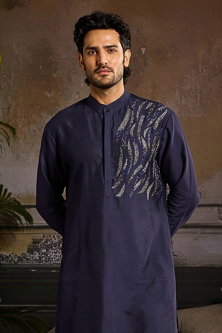 Dark Blue Cotton Silk Cutdana Embroidered Kurta by DiyaRajvvir Men at Pernia's Pop Up Shop