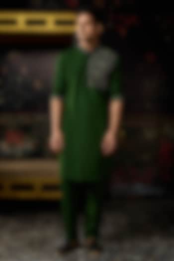 Green Cotton Silk Embroidered Kurta Set by DiyaRajvvir Men