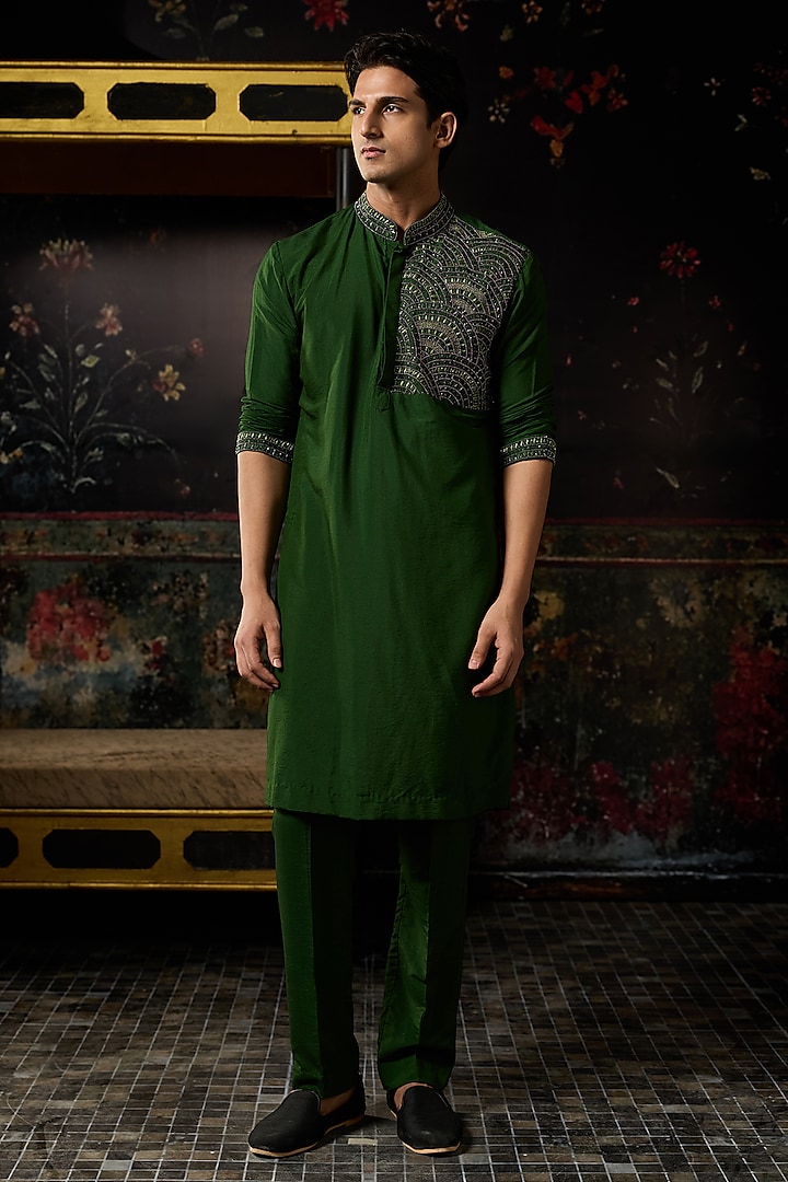 Green Cotton Silk Embroidered Kurta Set by DiyaRajvvir Men