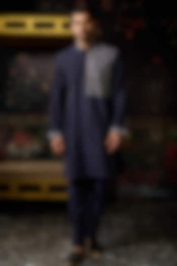 Blue Cotton Silk Geometric Embroidered Kurta by DiyaRajvvir Men