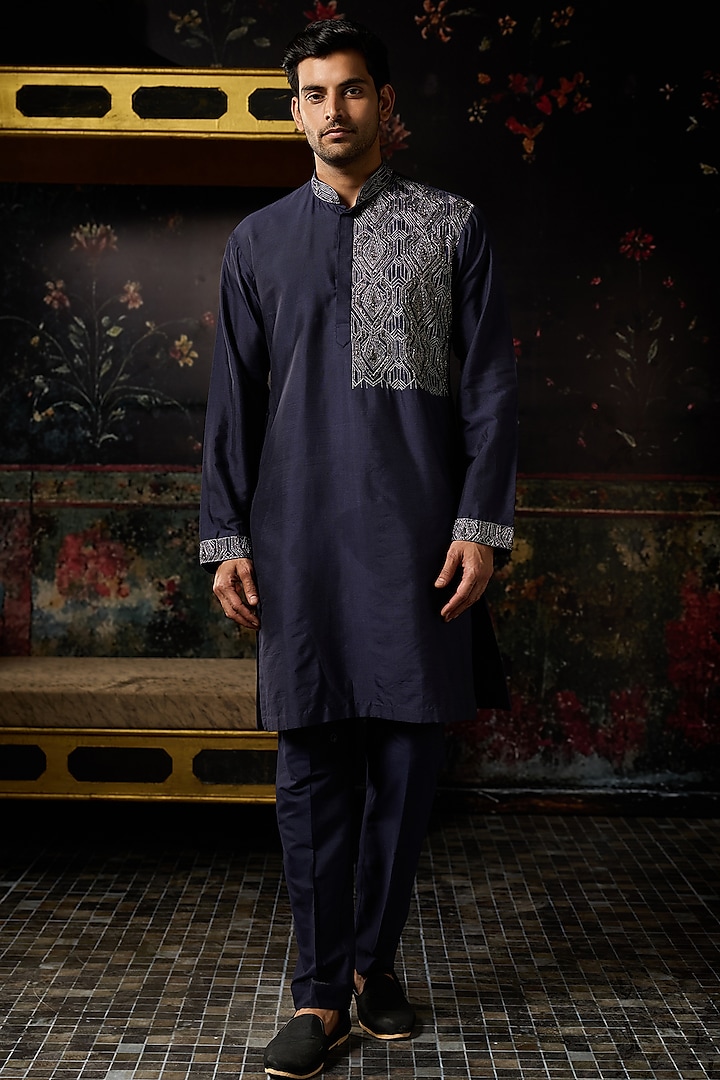 Blue Cotton Silk Geometric Embroidered Kurta by DiyaRajvvir Men