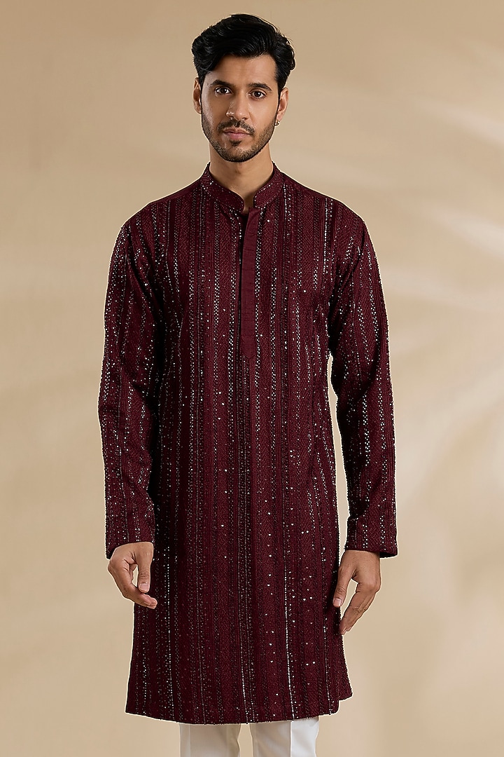 Maroon Dola Silk Cutdana Embroidered Kurta by DiyaRajvvir Men at Pernia's Pop Up Shop