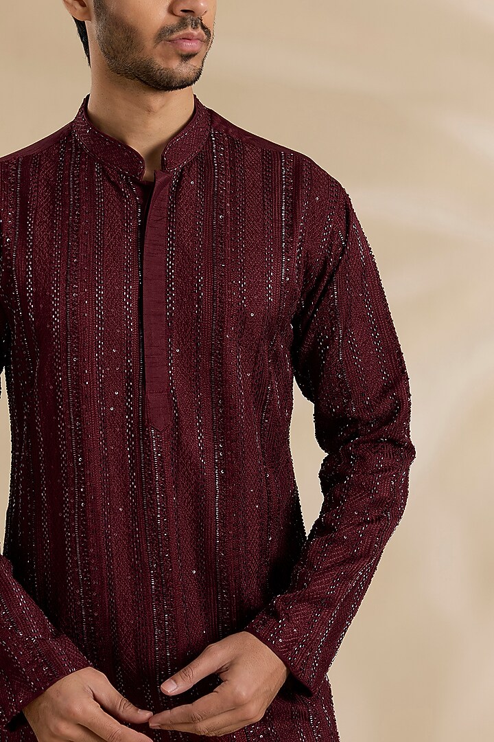 Maroon Dola Silk Cutdana Embroidered Kurta by DiyaRajvvir Men at Pernia's Pop Up Shop