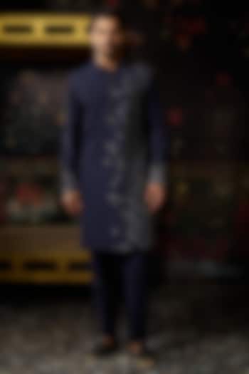 Dark Blue Cotton Silk Cutdana Embroidered Kurta by DiyaRajvvir Men