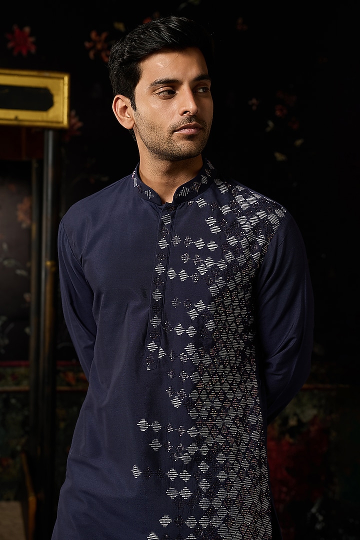 Dark Blue Cotton Silk Cutdana Embroidered Kurta by DiyaRajvvir Men at Pernia's Pop Up Shop