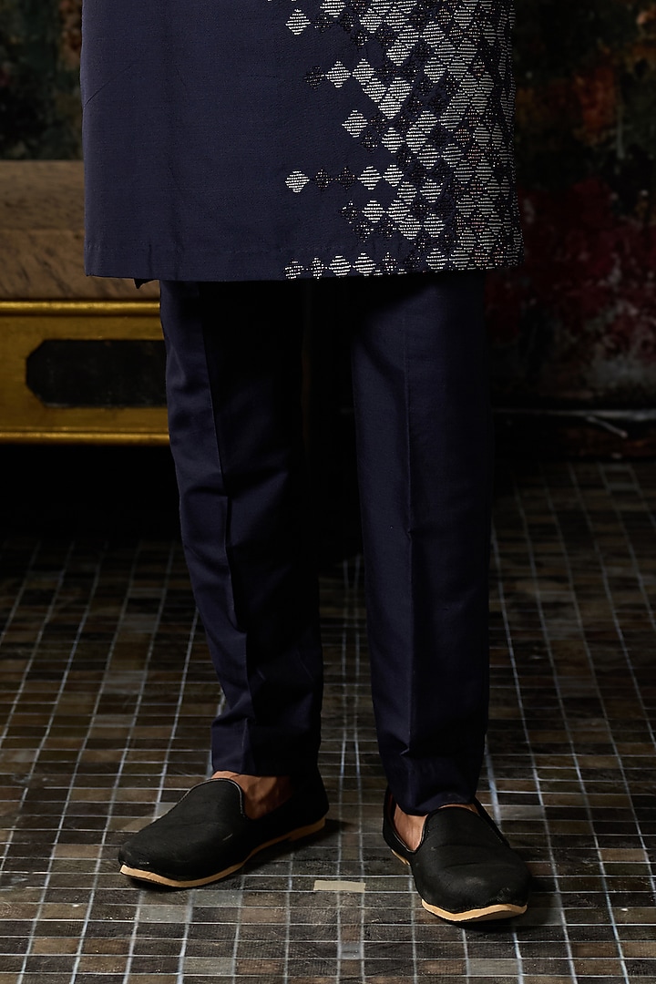 Dark Blue Cotton Silk Cutdana Embroidered Kurta by DiyaRajvvir Men at Pernia's Pop Up Shop