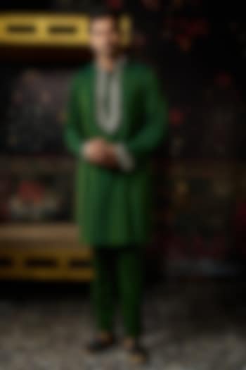 Green Cotton Silk Embroidered Kurta by DiyaRajvvir Men
