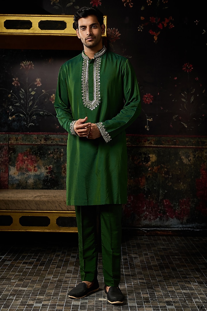 Green Cotton Silk Embroidered Kurta by DiyaRajvvir Men