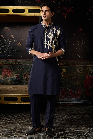 Blue Cotton Silk Thread Embroidered Kurta by DiyaRajvvir Men