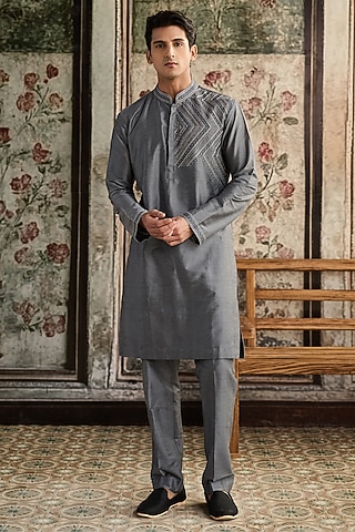 Grey Cotton Silk Cutdana Embroidered Kurta by DiyaRajvvir Men