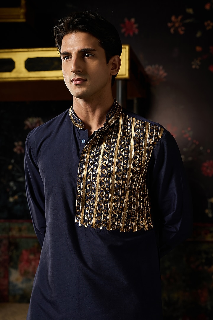 Blue Cotton Silk Embroidered Kurta by DiyaRajvvir Men at Pernia's Pop Up Shop