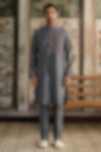 Grey Cotton Silk Cutdana Embroidered Kurta Set by DiyaRajvvir Men