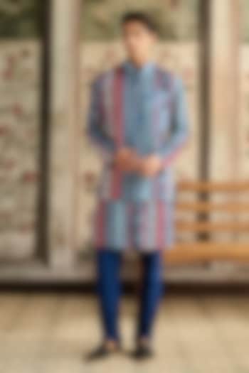 Blue Dola Silk Printed & Mirror Embroidered Bundi Jacket Set by DiyaRajvvir Men at Pernia's Pop Up Shop