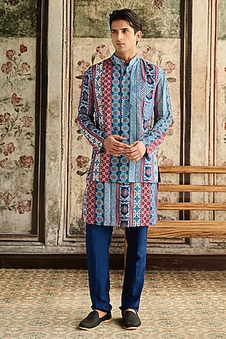 Blue Dola Silk Printed & Mirror Embroidered Bundi Jacket Set by DiyaRajvvir Men