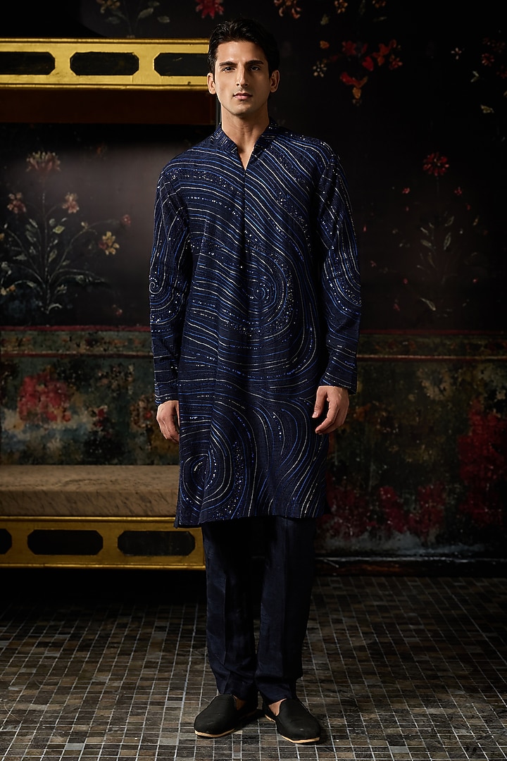Blue Dola Silk Cutdana Embroidered Kurta by DiyaRajvvir Men at Pernia's Pop Up Shop