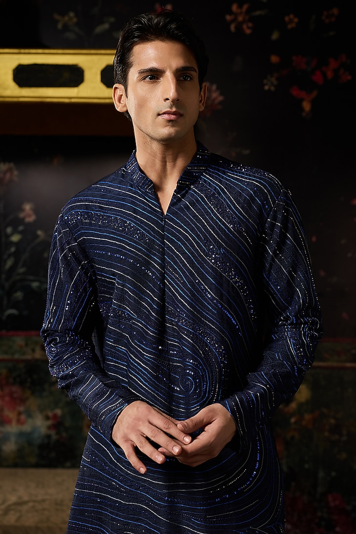Blue Dola Silk Cutdana Embroidered Kurta by DiyaRajvvir Men at Pernia's Pop Up Shop