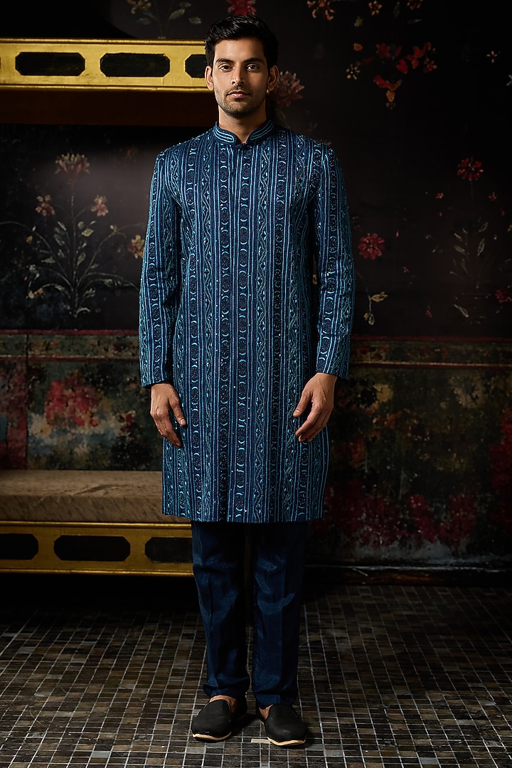 Blue Dola Silk Cutdana Embroidered Kurta Set by DiyaRajvvir Men at Pernia's Pop Up Shop