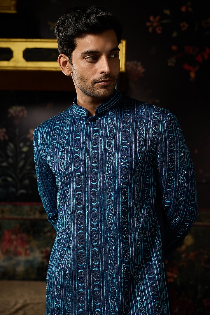 Blue Dola Silk Cutdana Embroidered Kurta Set by DiyaRajvvir Men at Pernia's Pop Up Shop