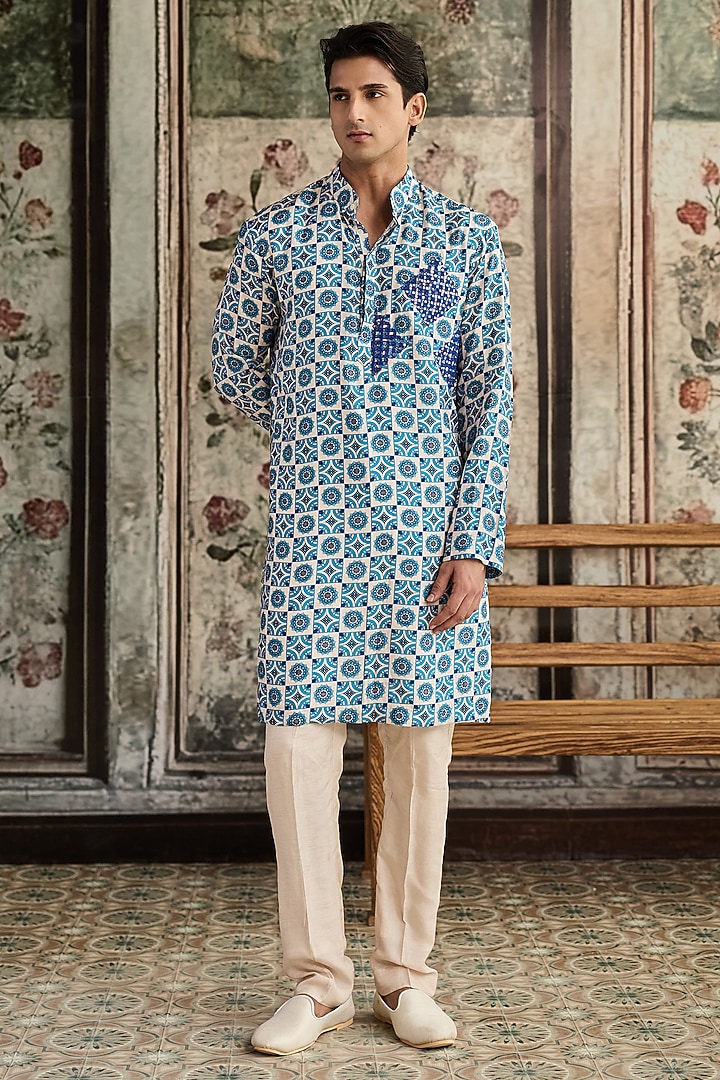Blue & White Dola Silk Printed Kurta by DiyaRajvvir Men at Pernia's Pop Up Shop