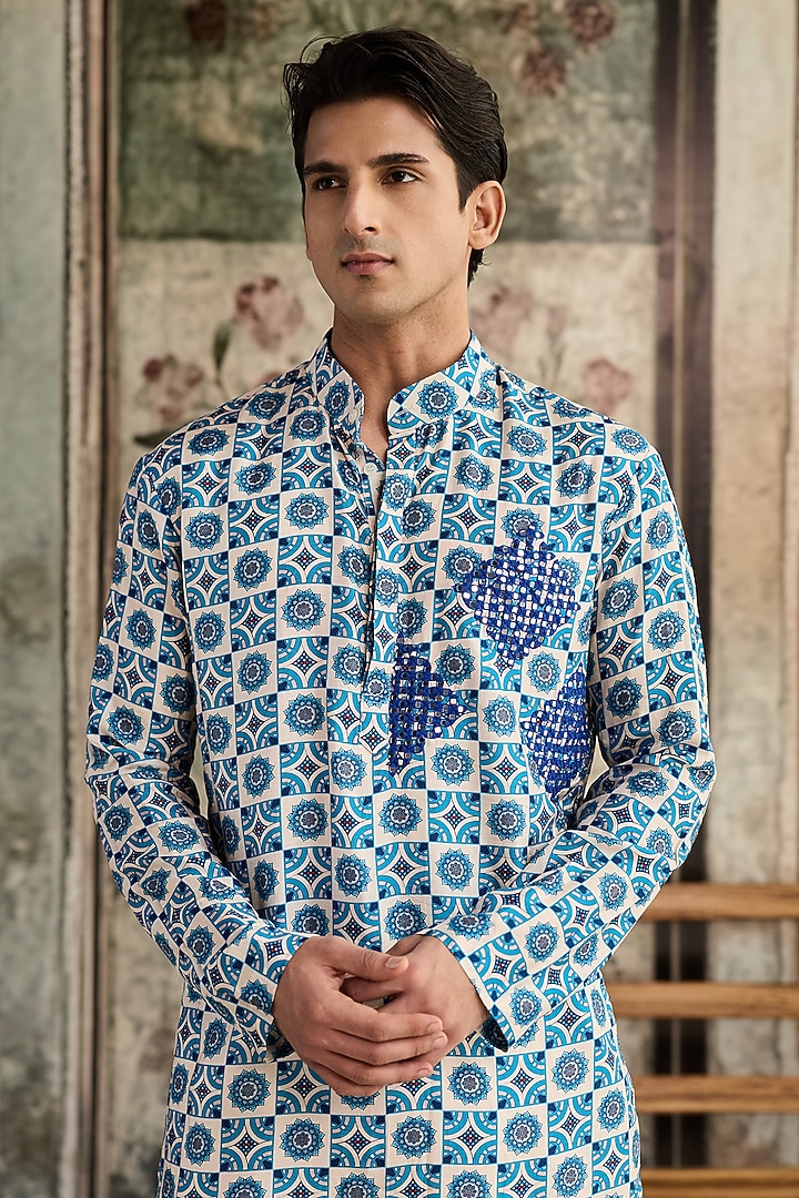 Blue & White Dola Silk Printed Kurta by DiyaRajvvir Men at Pernia's Pop Up Shop