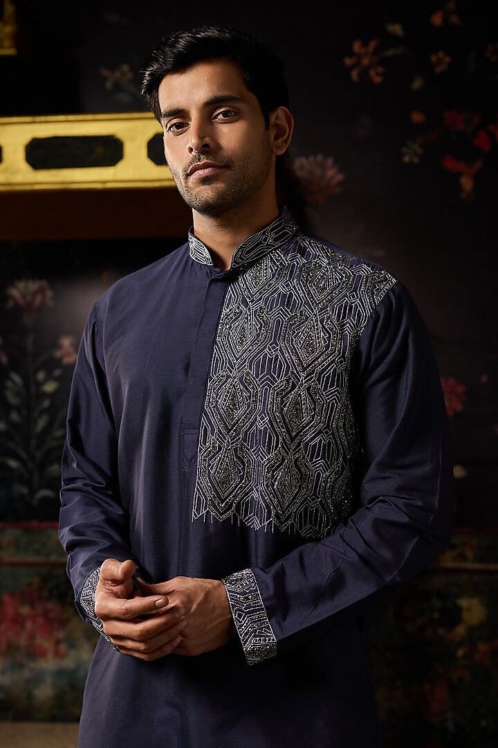 Blue Cotton Silk Embroidered Kurta Set by DiyaRajvvir Men at Pernia's Pop Up Shop