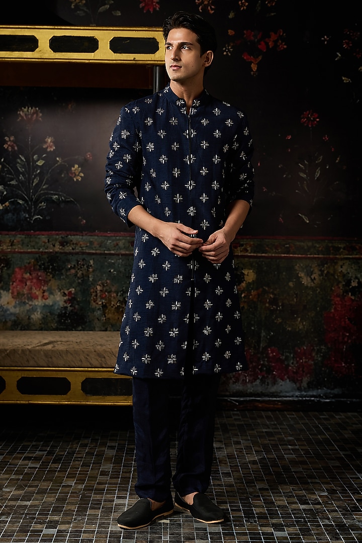Blue Dola Silk Thread Embroidered Jacket Set by DiyaRajvvir Men