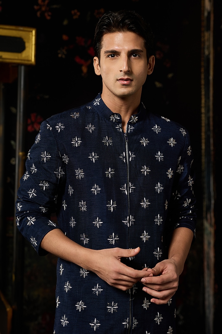 Blue Dola Silk Thread Embroidered Jacket Set by DiyaRajvvir Men at Pernia's Pop Up Shop