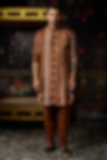 Caramel-Colored Dola Silk Printed Kurta by DiyaRajvvir Men at Pernia's Pop Up Shop
