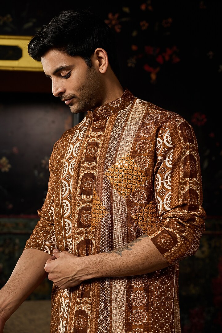 Caramel-Colored Dola Silk Printed Kurta by DiyaRajvvir Men at Pernia's Pop Up Shop