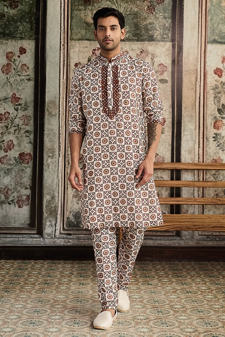 Caramel-Colored & Ivory Dola Silk Printed Kurta by DiyaRajvvir Men at Pernia's Pop Up Shop
