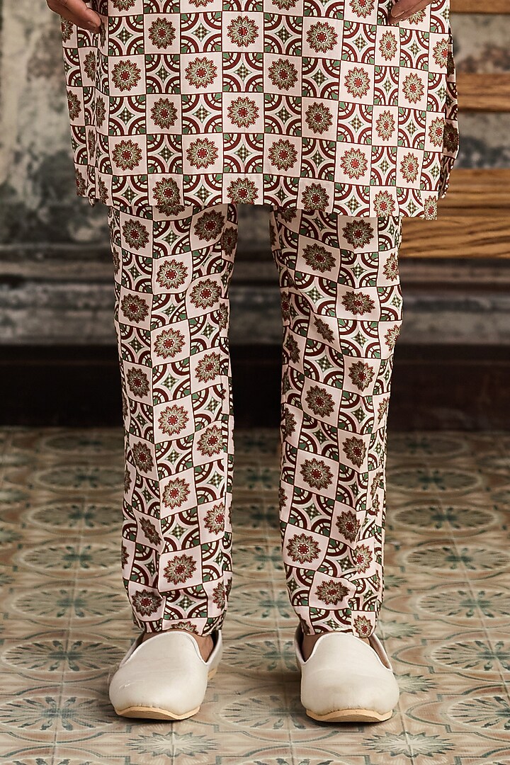 Caramel-Colored & Ivory Dola Silk Printed Kurta by DiyaRajvvir Men at Pernia's Pop Up Shop