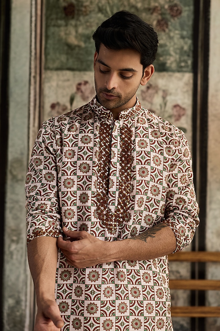 Caramel-Colored & Ivory Dola Silk Printed Kurta by DiyaRajvvir Men at Pernia's Pop Up Shop