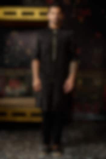 Black Dola Silk Cutdana Embroidered Kurta Set by DiyaRajvvir Men